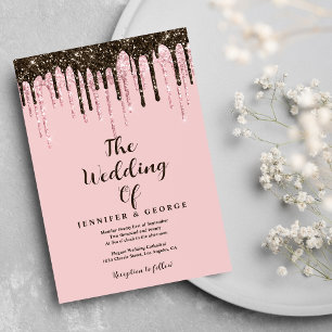 Pink black rose gold glitter drips wedding invitation