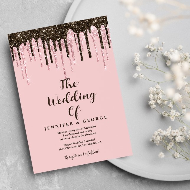 Pink black rose gold glitter drips wedding invitation (Pink black rose gold glitter drips wedding)