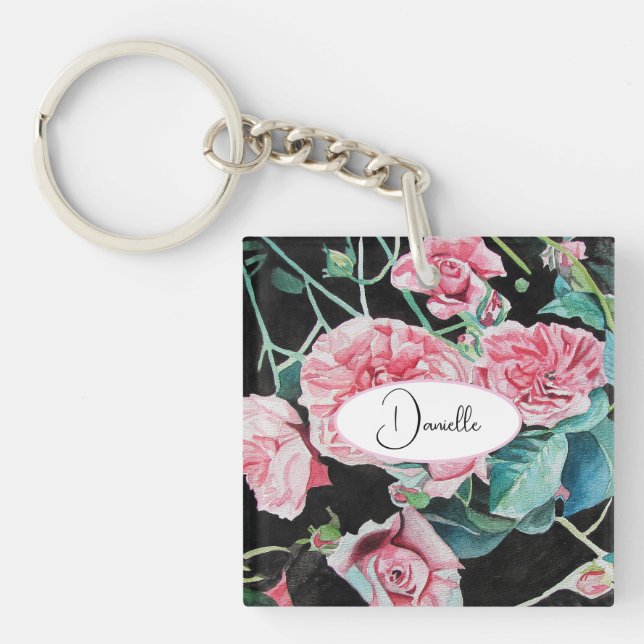 Pink Black Roses Floral flowers Party Paper Plate Keychain (Front)