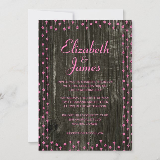 Pink & Black Rustic Barn Wood Wedding Invitations (Front)