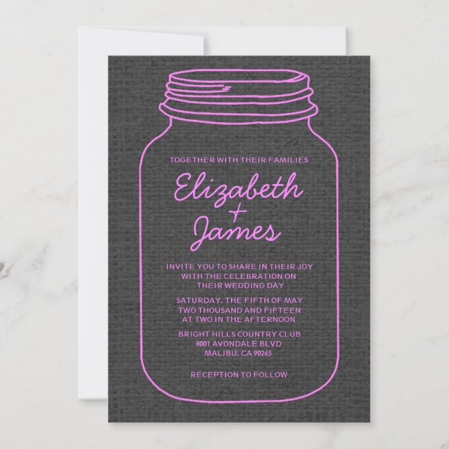 Pink & Black Rustic Mason Jar Wedding Invitations (Front)