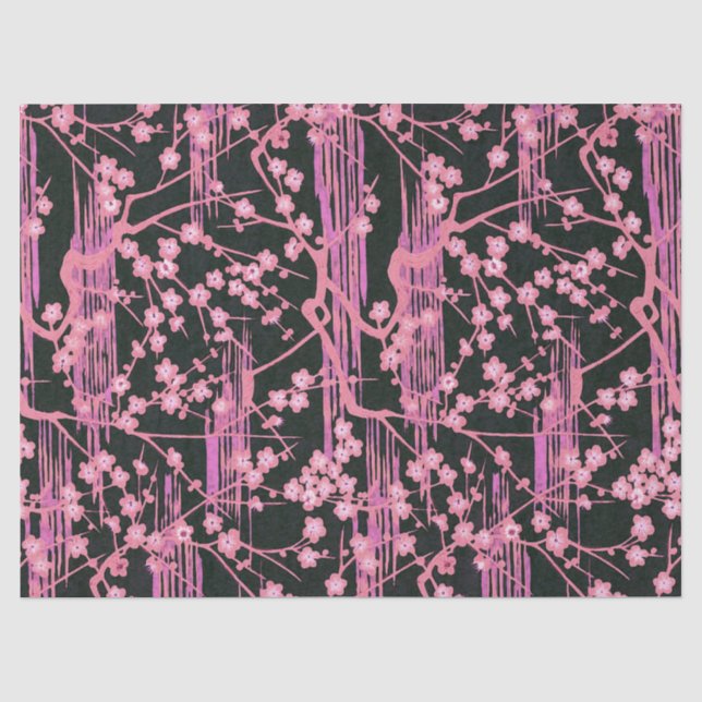PINK BLACK SAKURA FLOWERS Japanese Floral Pattern Tissue Paper (Front)