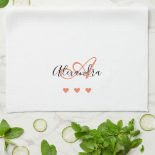 Pink Black Script Name Monogram Bridal Kitchen Towel