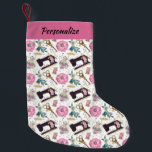 Pink Black Sewing Maching Thread Design Christmas Small Christmas Stocking<br><div class="desc">Pink and black sewing machine thread design, featuring a vintage sewing machine and spools of thread in pink and black. This personalized holiday décor adds a crafty festive accent to your custom Christmas decoration. The pink and black sewing machine thread design is perfect for sewing lovers, crafters, and handmade holiday...</div>