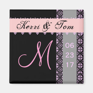 PINK BLACK SILVER Bride Groom Lace Wedding Magnet