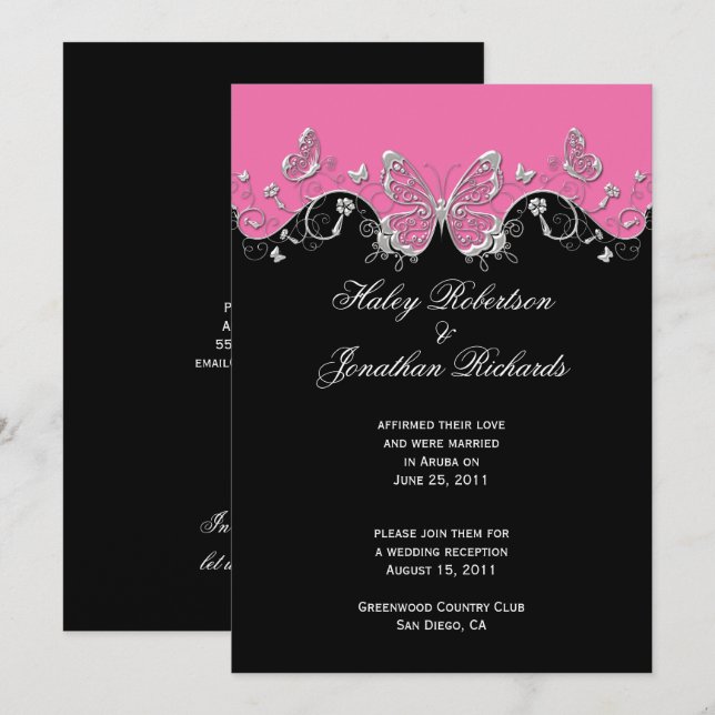 Pink Black Silver Butterflies Post Wedding Invitation (Front/Back)