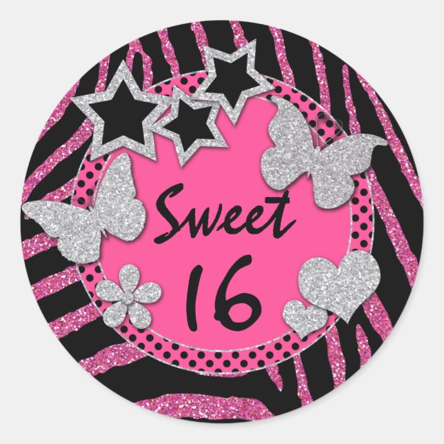 Pink Black Silver FAUX Glitter Sweet 16 Sticker (Front)