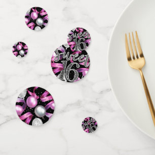 Pink Black Silver Glitter Sweet 16 Birthday Party Confetti