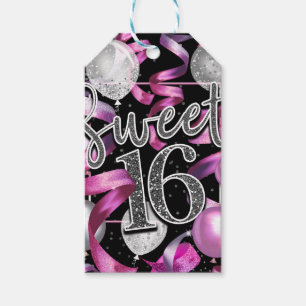 Pink Black Silver Glitter Sweet 16 Birthday Party Gift Tags