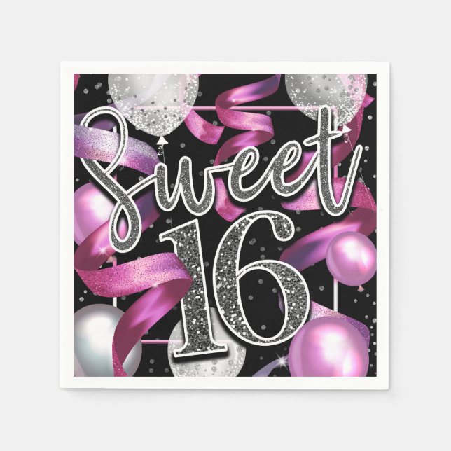 Pink Black Silver Glitter Sweet 16 Birthday Party Napkin (Front)