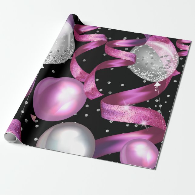 Pink Black Silver Glitter Sweet 16 Birthday Party Wrapping Paper (Unrolled)
