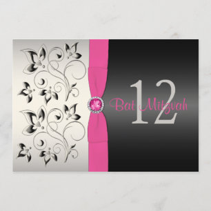 Pink, Black, Silver Grey Floral Bat Mitzvah Invite