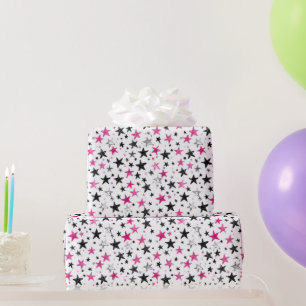 Pink Black Silver Stars Birthday Wrapping Paper