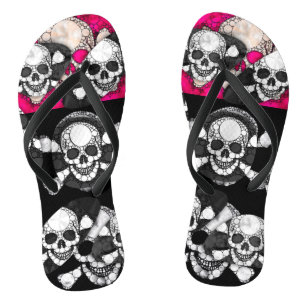 Pink Black Skull Bling Pattern Flip Flops