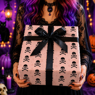 Pink Black Skull Crossbones Halloween Pattern Wrapping Paper
