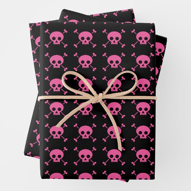 Pink Black Skull Pattern Goth Girl Wrapping Paper Sheet (In situ)