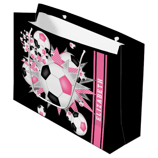 Pink black soccer ball blowout personalized large gift bag (Front Angled)