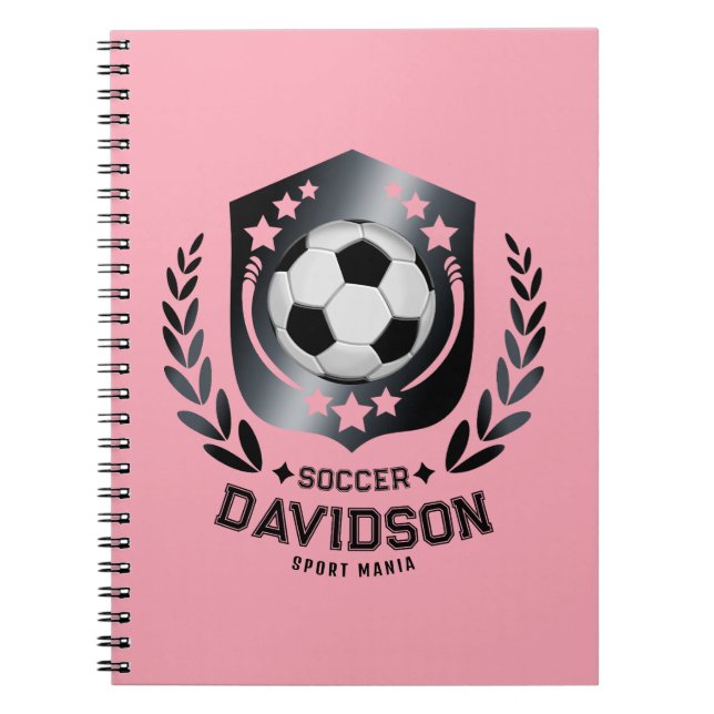 Pink Black Soccer Ball With Custom Name Text Notebook (Front)