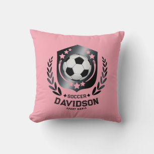 Pink Black Soccer Ball With Custom Name Text Throw Pillow