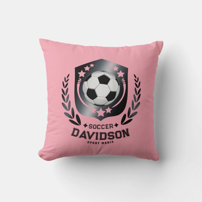 Pink Black Soccer Ball With Custom Name Text Throw Pillow (Front)