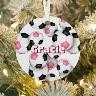 pink black soccer balls sports keepsake metal ornament