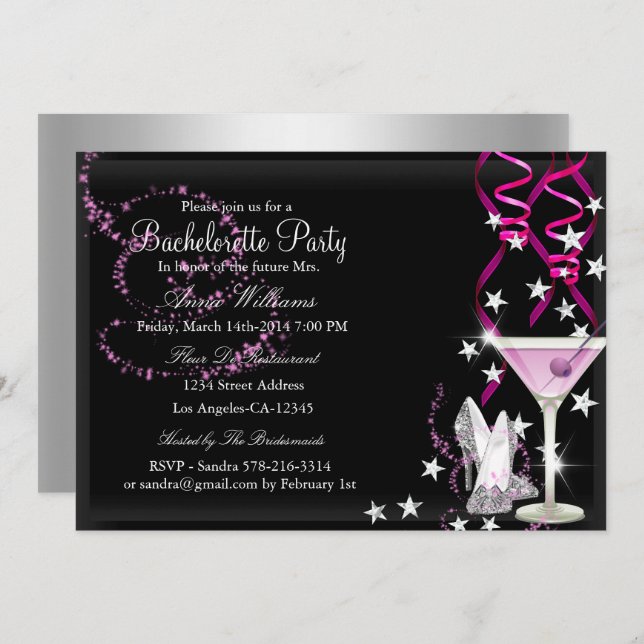 Pink Black Sparkle Bachelorette Party Invite (Front/Back)