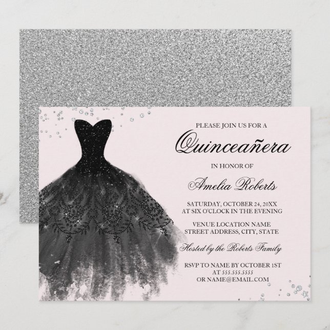Pink Black Sparkle Dress Quinceanera Invitation (Front/Back)