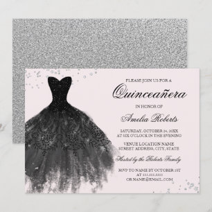 Pink Black Sparkle Dress Quinceanera Invitation