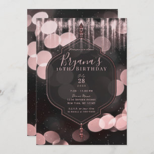 Pink Black Sparkle Lights Mystical Night Sweet 16 Invitation