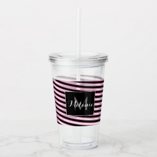 Pink Black Spiral Ribbon Stripes Monogram Custom Acrylic Tumbler