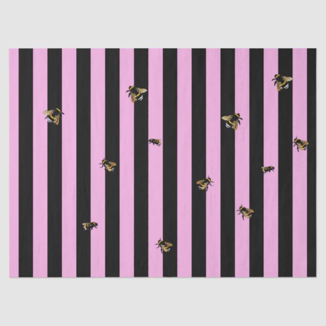 Pink & Black Stripes And Bees Tissue Paper (Front)