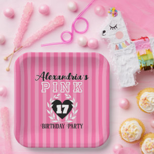  PINK Black Stripes Girly Birthday/Pajama Party  Paper Plate