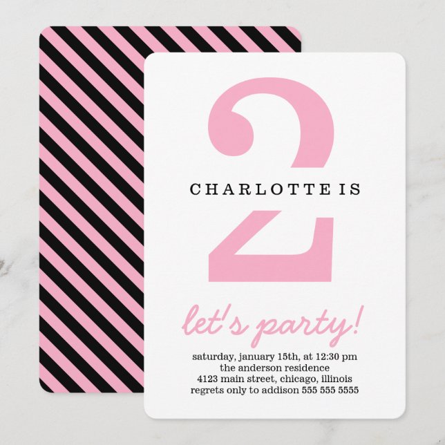 Pink & Black Stripes Kids Birthday Party Invitation (Front/Back)