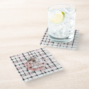 Pink Black Stripes Ladybug Glass Coaster