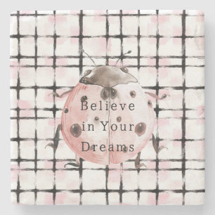 Pink Black Stripes Ladybug Stone Coaster