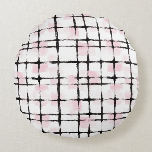 Pink Black Stripes  Round Pillow (Front)