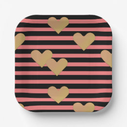 Pink & Black Stripes Valentine Paper Plate