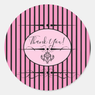 Pink Black Stylish Thank You Wedding Favour Sticke Classic Round Sticker