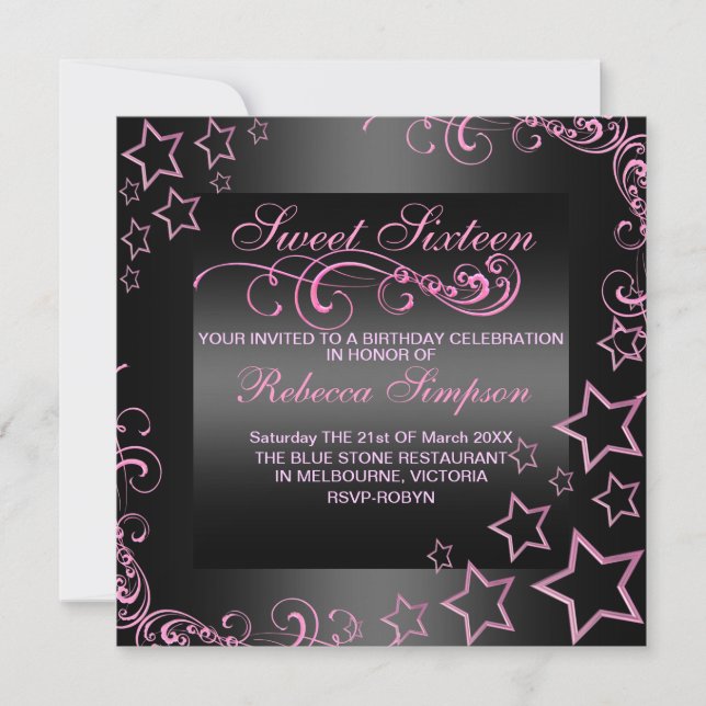 Pink/Black Sweet16 Star & Swirl Birthday Invite (Front)