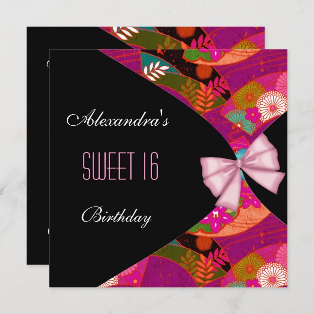 Pink Black Sweet 16 Birthday Party Invitation Flor (Front/Back)