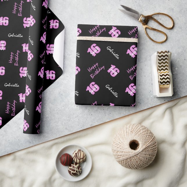 Pink Black Sweet 16 Personalized Wrapping Paper (Crafts)