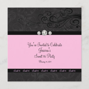 Pink Black Swirl Sweet Sixteen Party Invitations