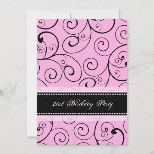 Pink Black Swirls 21st Birthday Party Invitations