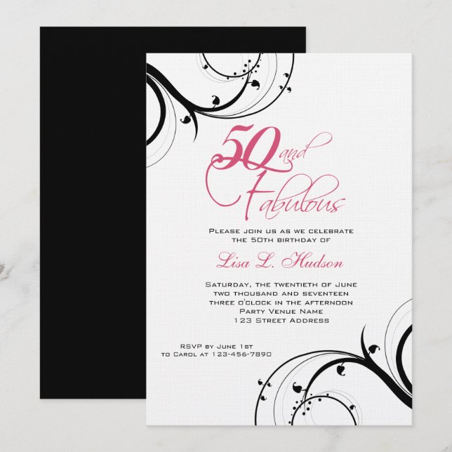 Pink Black Swirls 50th and Fabulous! Birthday Invitation (Front/Back)