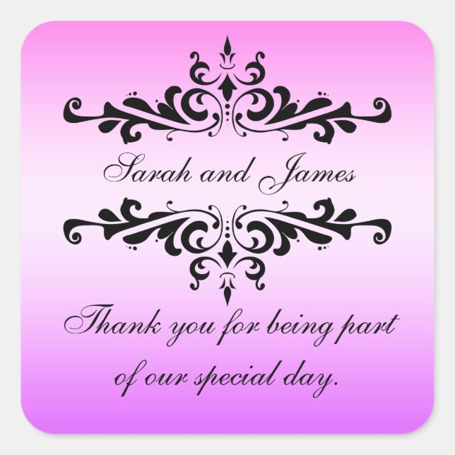 Pink Black Swirls Thank You Wedding Favour Square Sticker (Front)