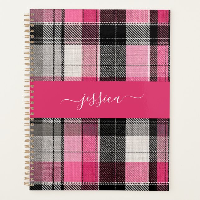 Pink black tartan plaid script name binder (Devant)