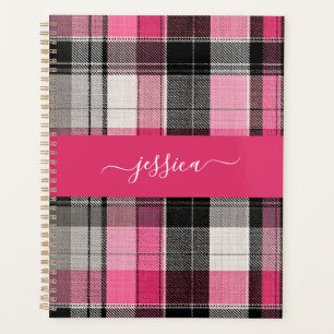 Pink black tartan plaid script name binder planner