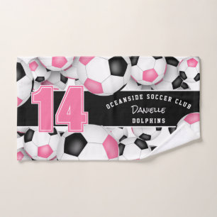pink black team colours gifts Lots of soccer balls Hand Towel