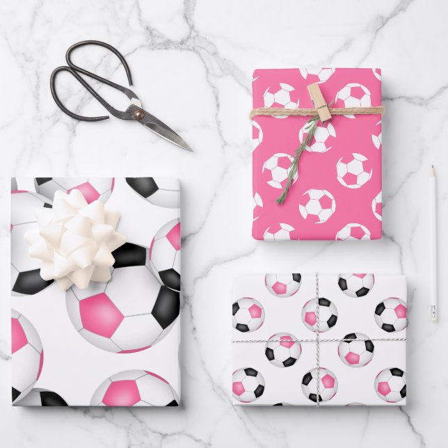 pink black team colours soccer 3 pc variety wrapping paper sheet (Front)