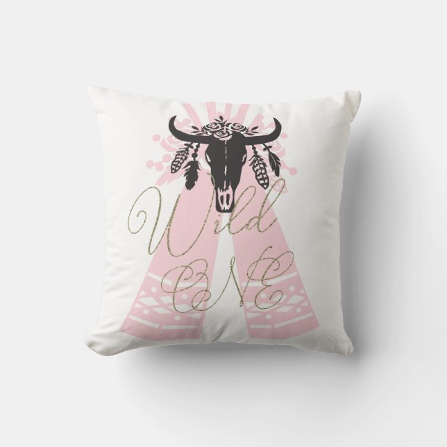 Pink & Black Tepee Arrows Boho Chic Wild ONE Throw Pillow (Front)